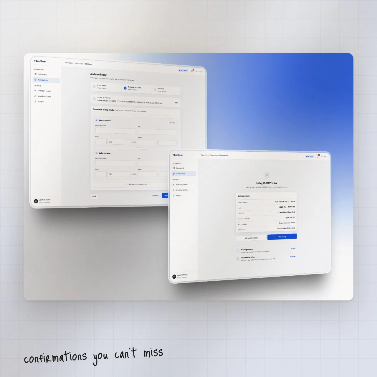 SlotXpert listing flow ending in a clear confirmation screen