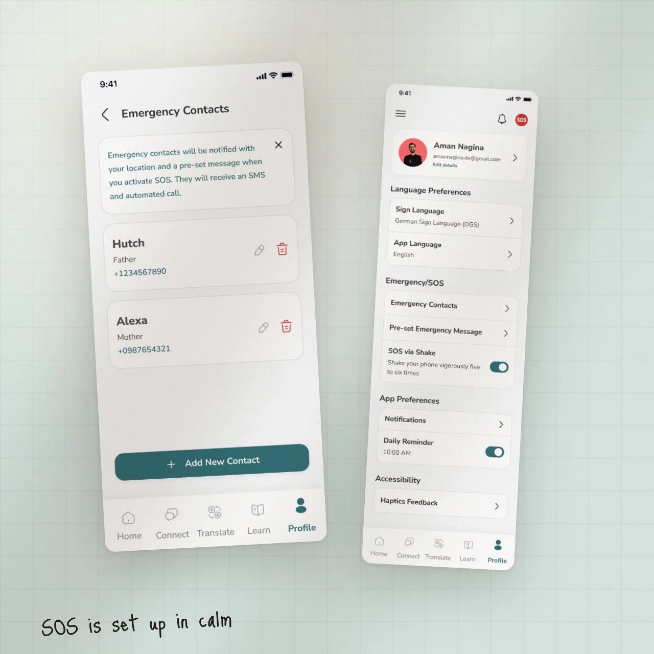 Sign Speak SOS setup and profile screens