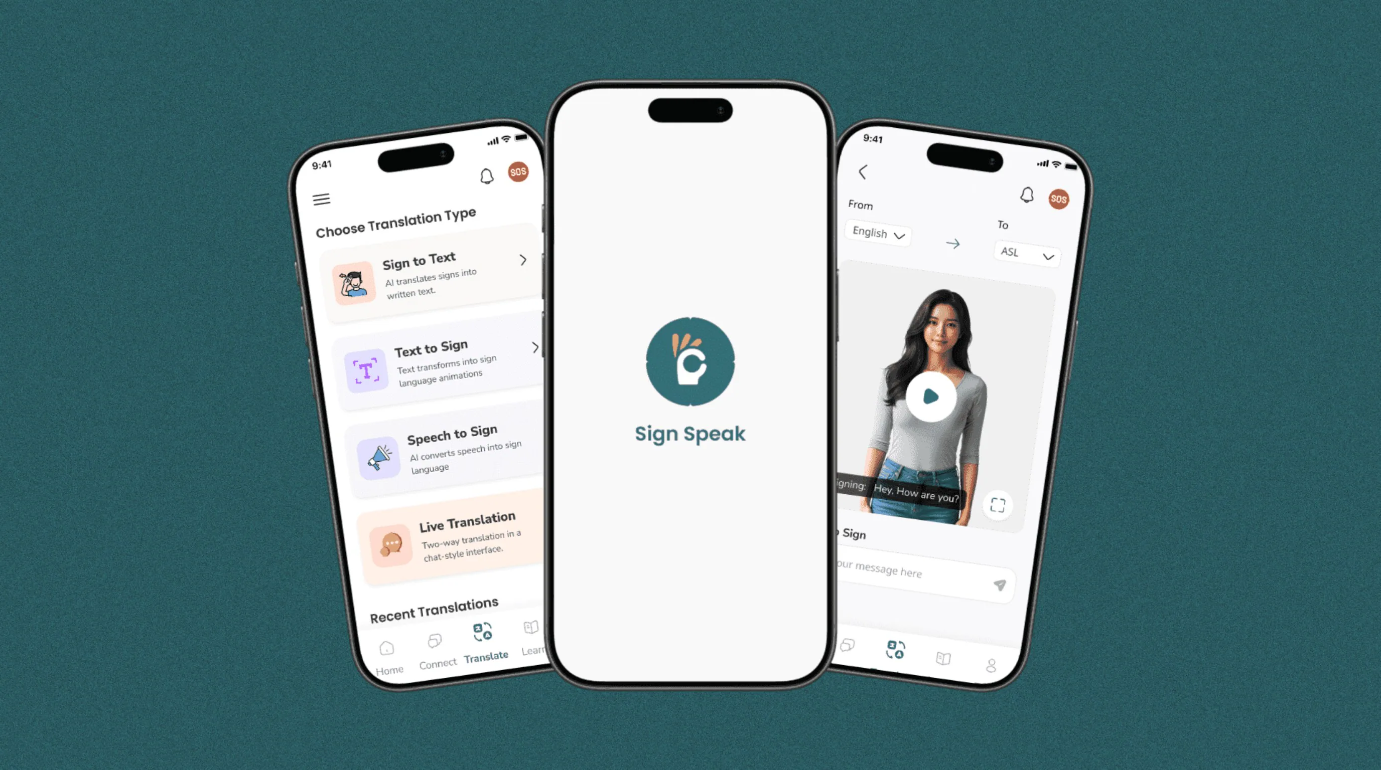 Sign Speak, an AI sign language app, on three phones