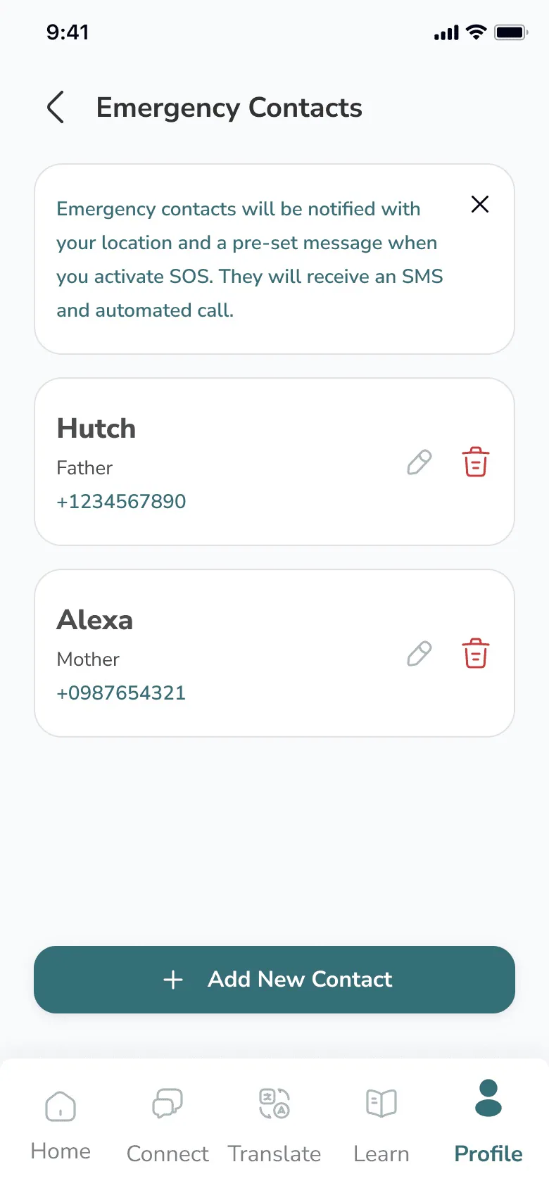 SOS setup: emergency contacts