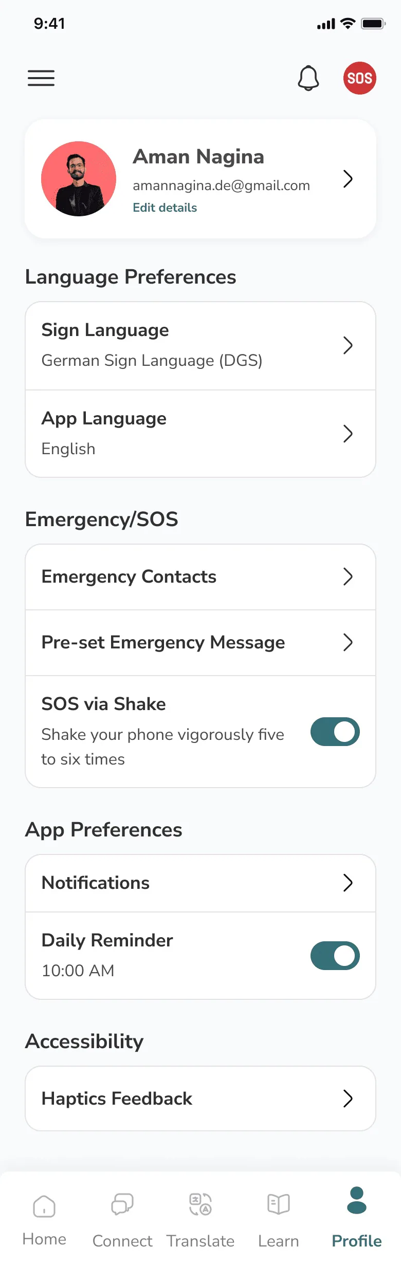 Profile with accessibility preferences and pre-set messages