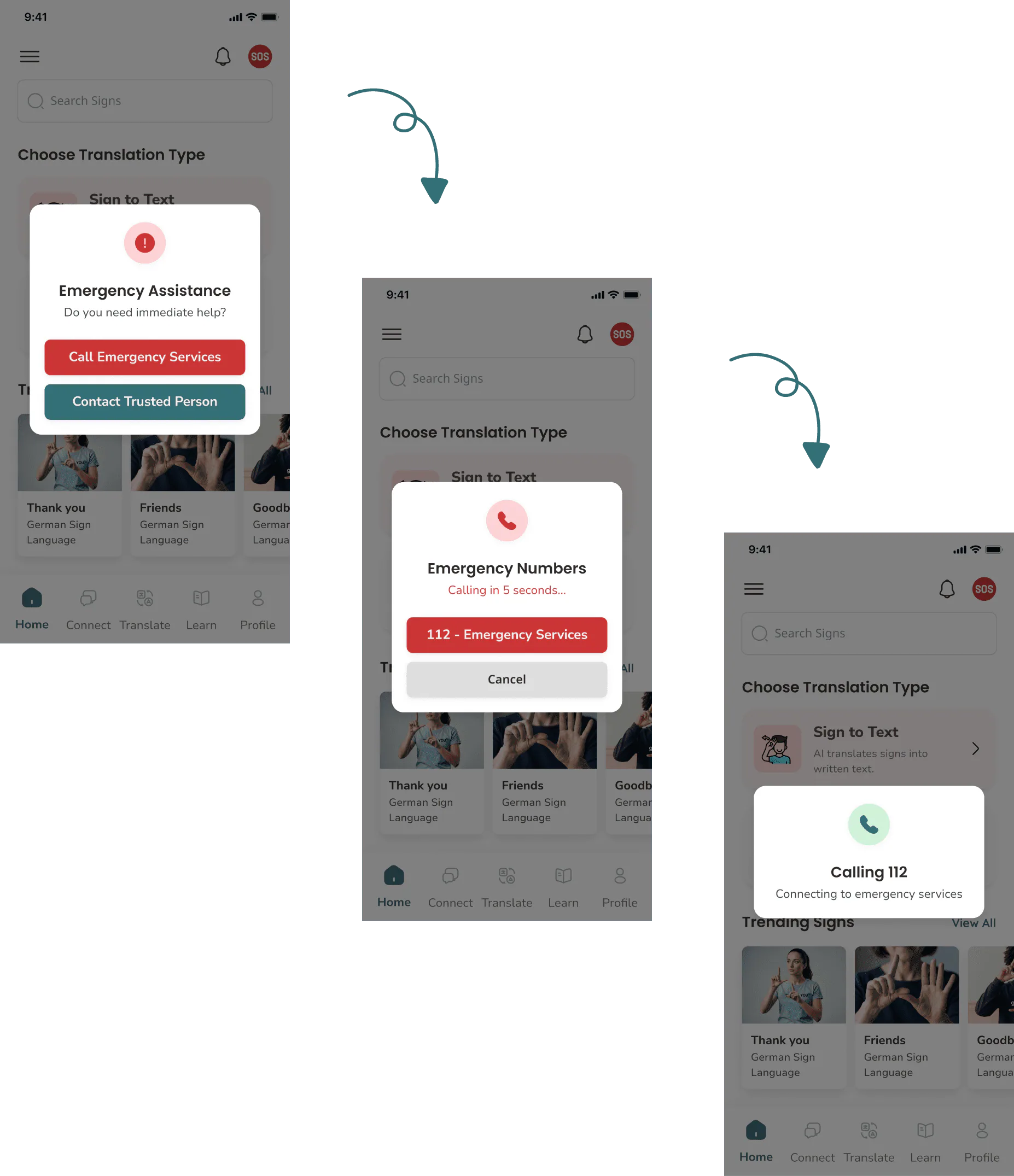 SOS via shake: emergency flow screens