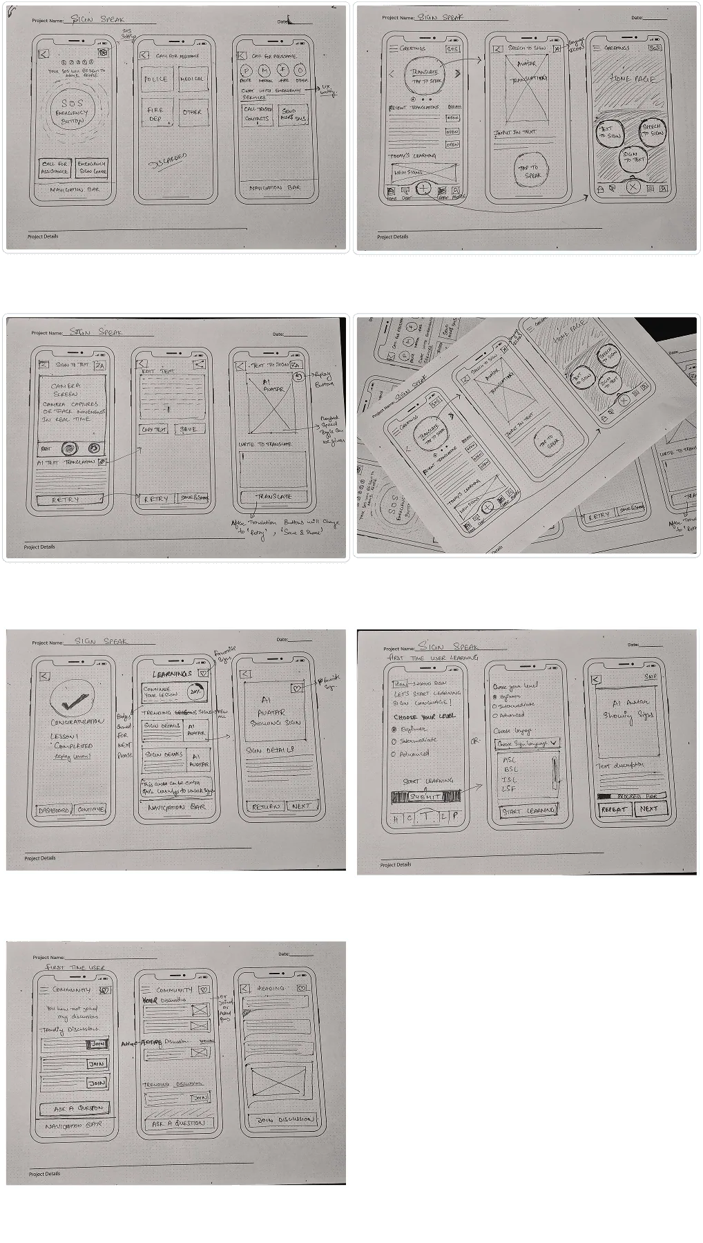 Hand-drawn paper wireframes for Sign Speak
