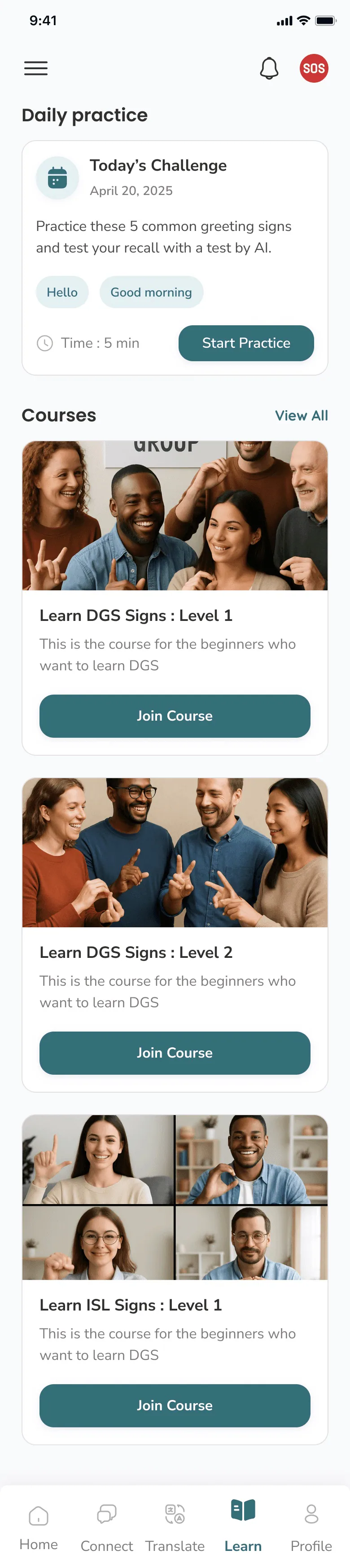Learning hub with daily practice cards