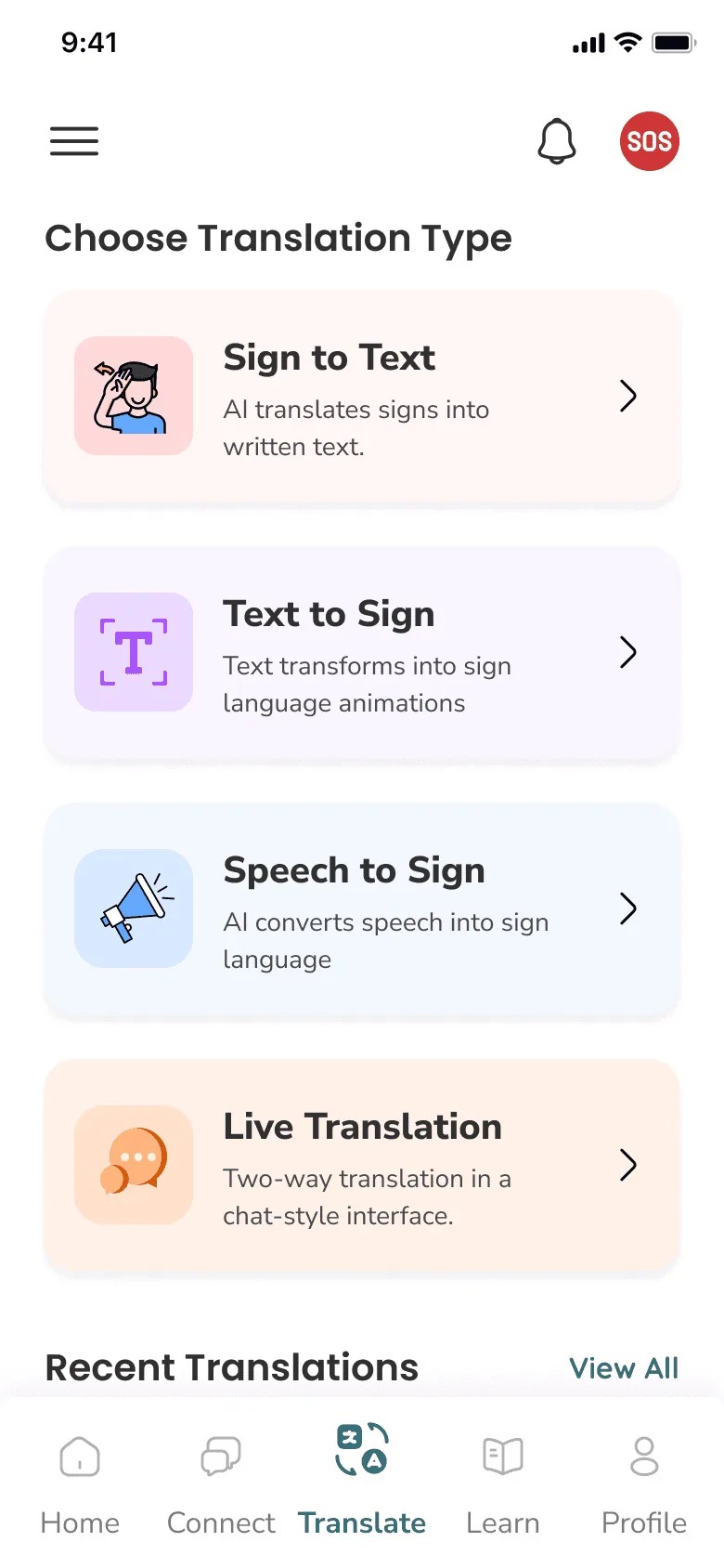 Choose translation type screen