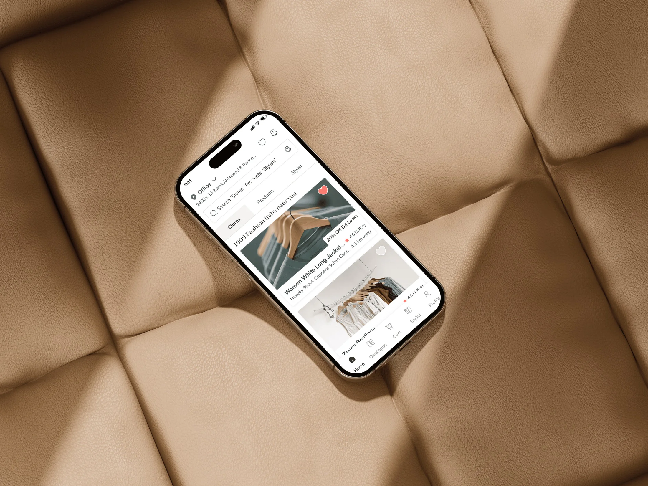 Fash app screens on a leather surface