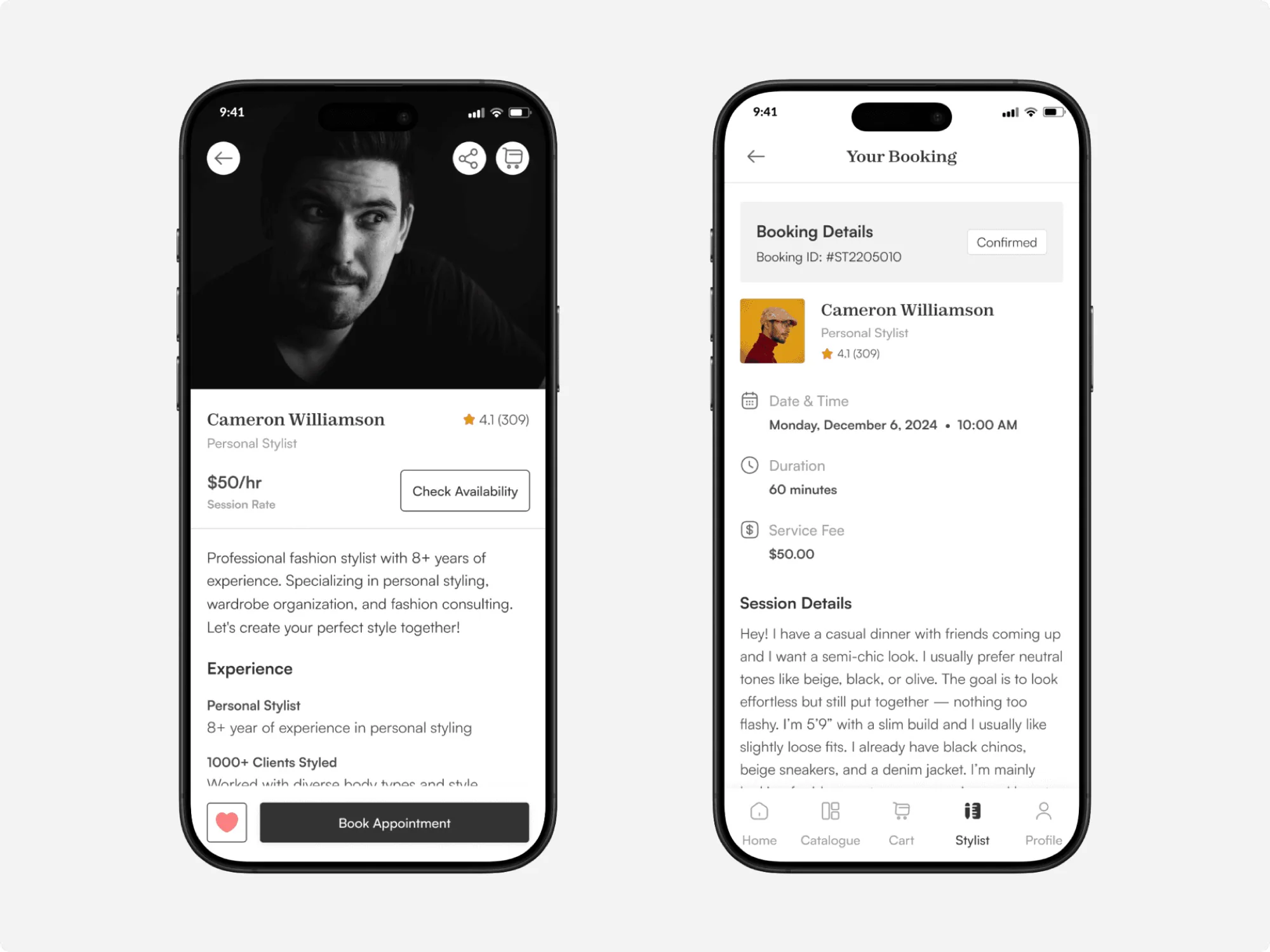 Fash final design screens: stylist profile and booking