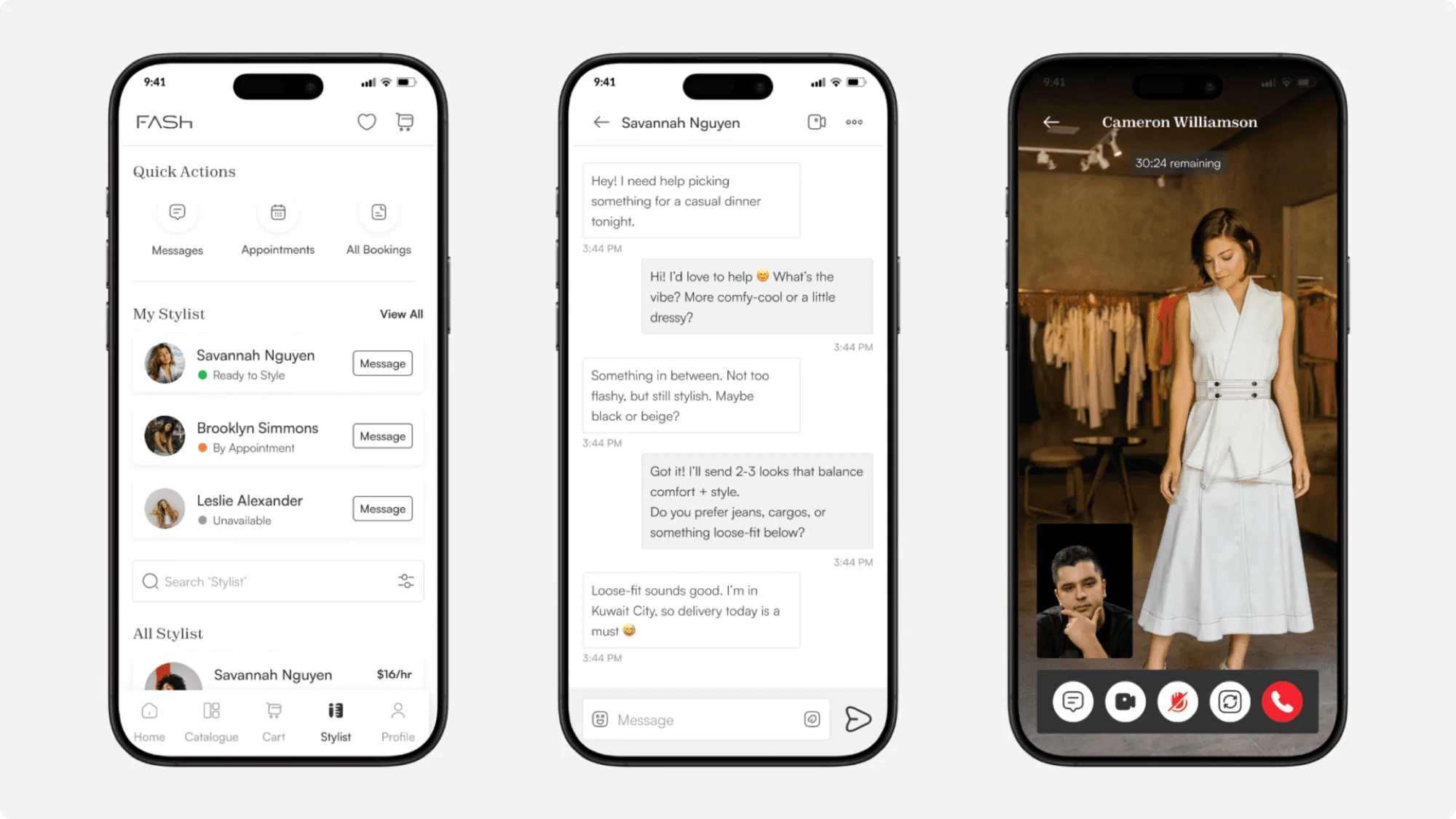Live stylist chat screens in the Fash app