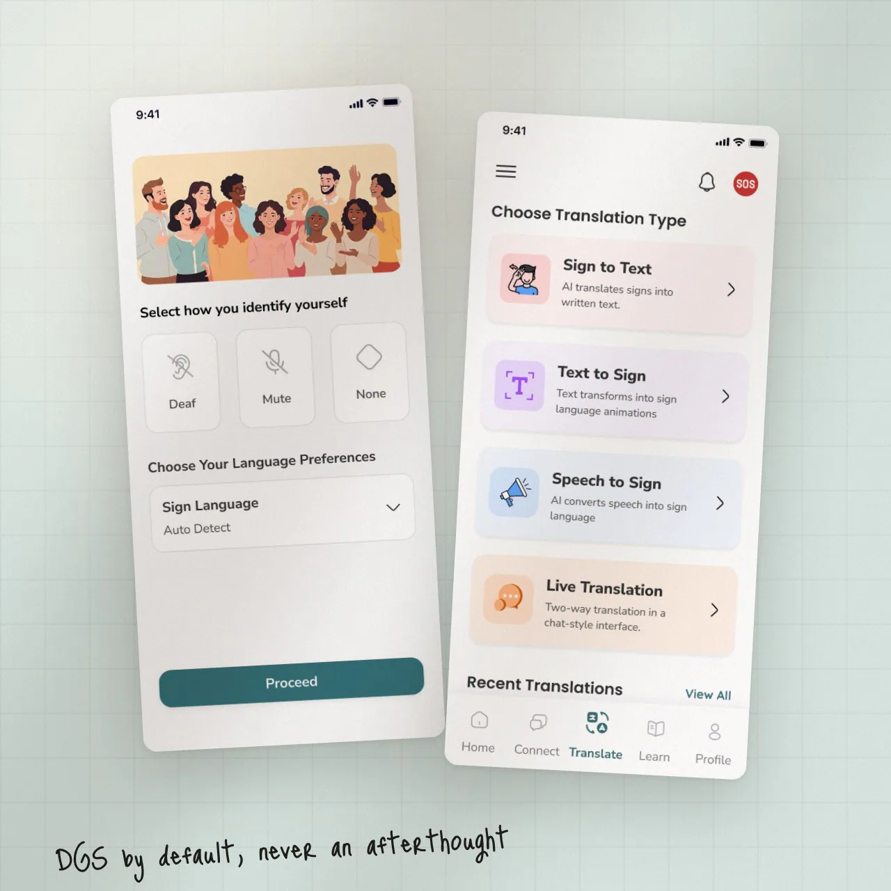 Sign Speak onboarding and translation-mode screens