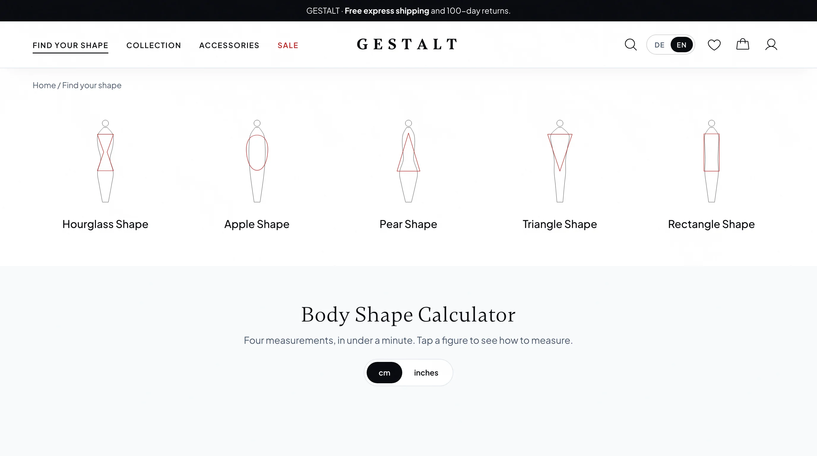 The GESTALT shape finder with five silhouettes and the body shape calculator