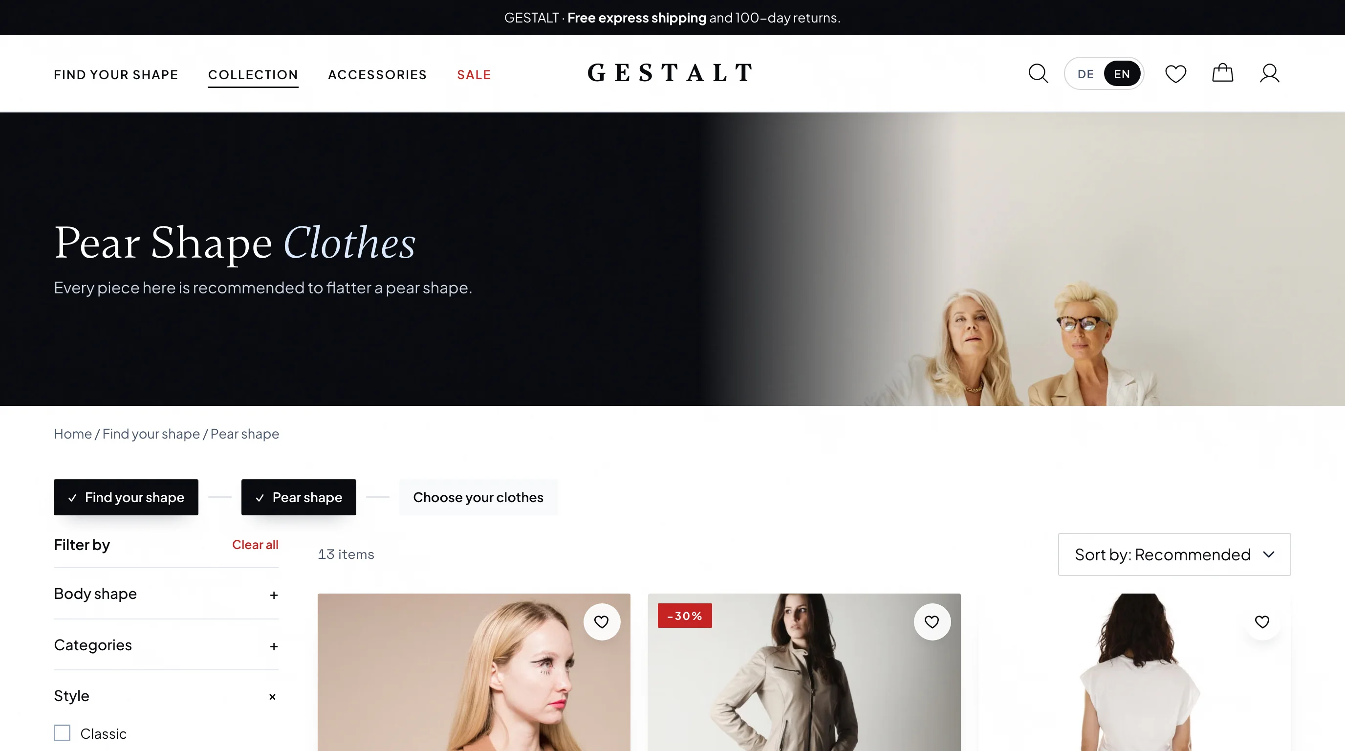 GESTALT collection page filtered for the pear shape