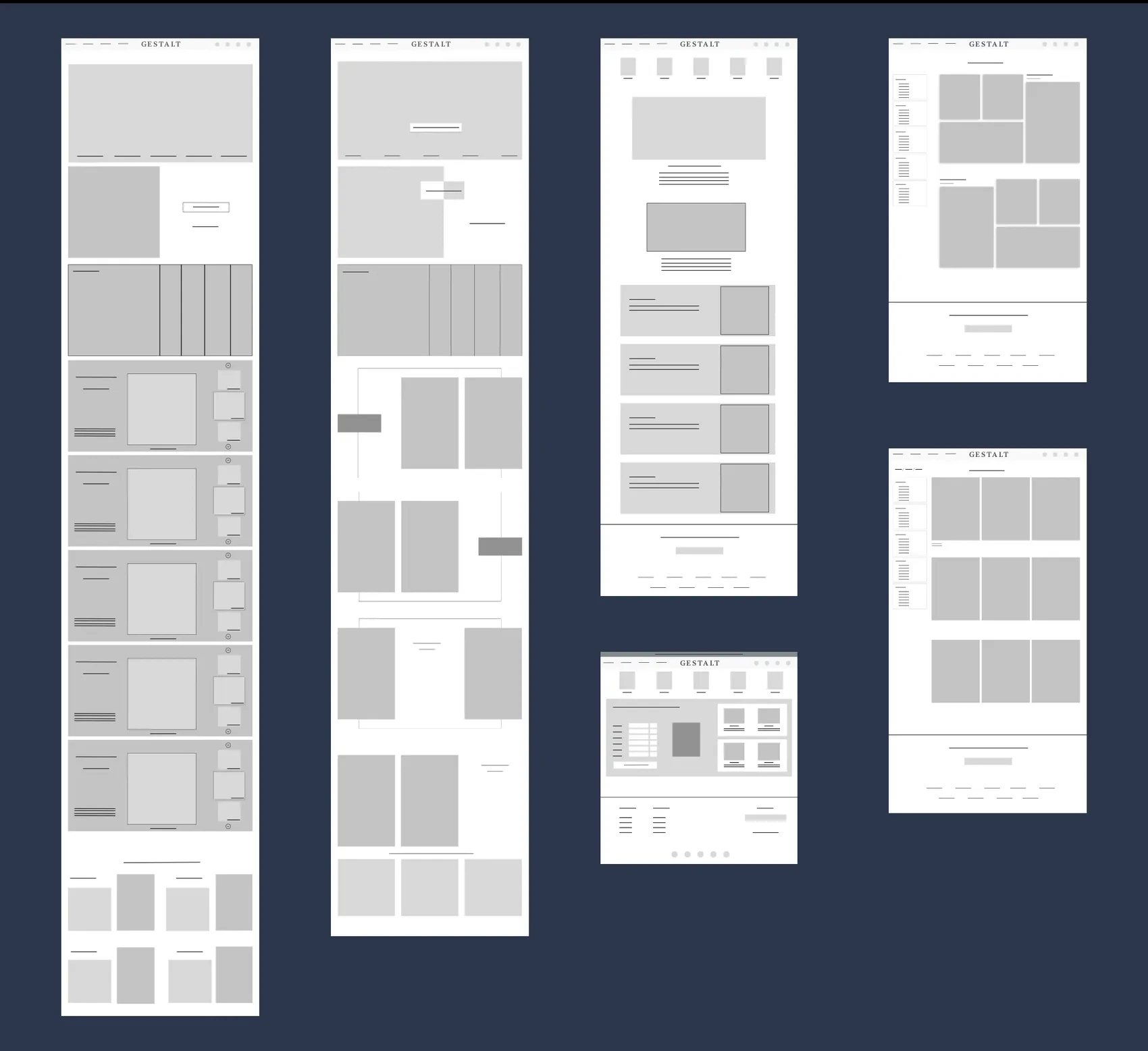 Digital wireframes of the key pages