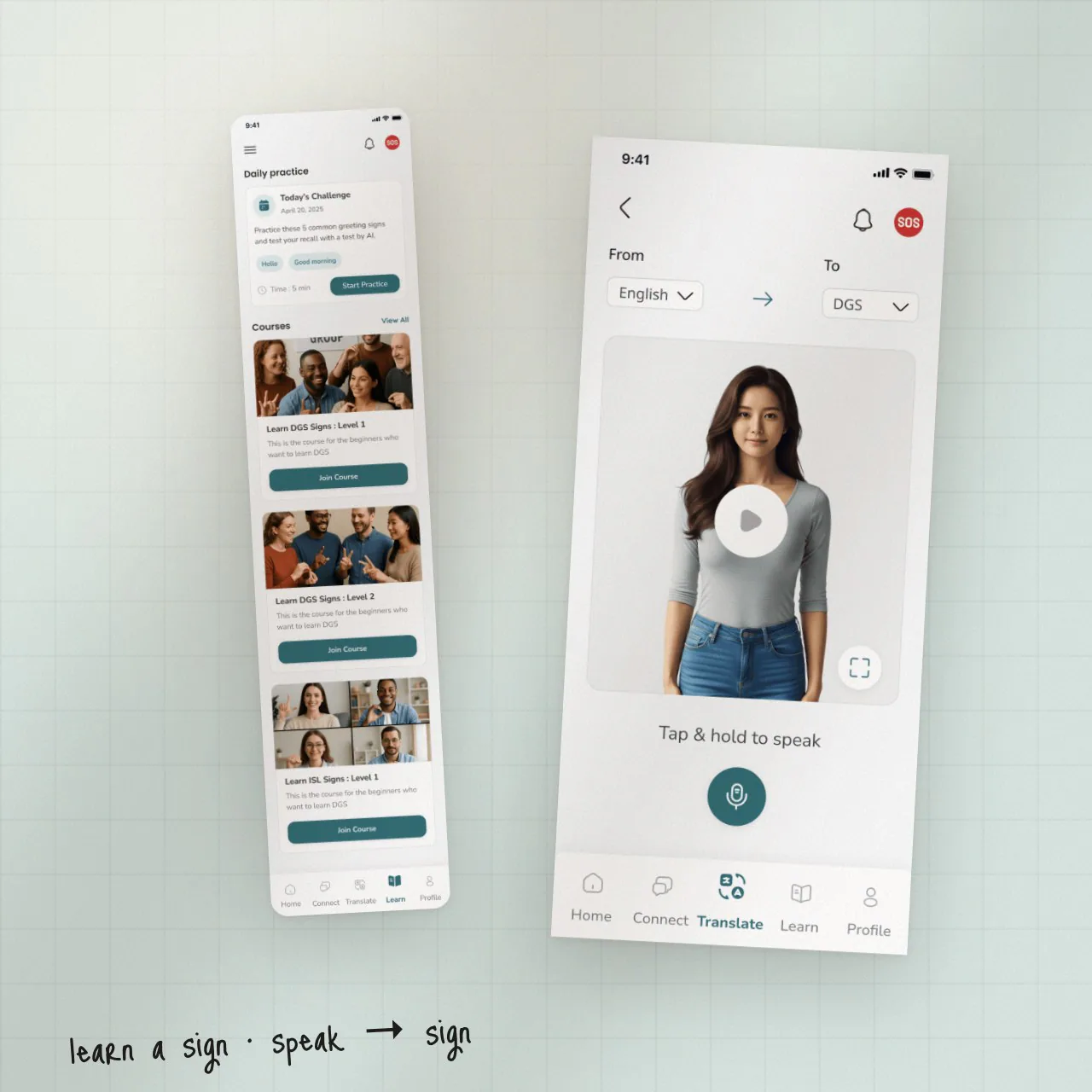 Sign Speak learning hub and speech-to-sign screens